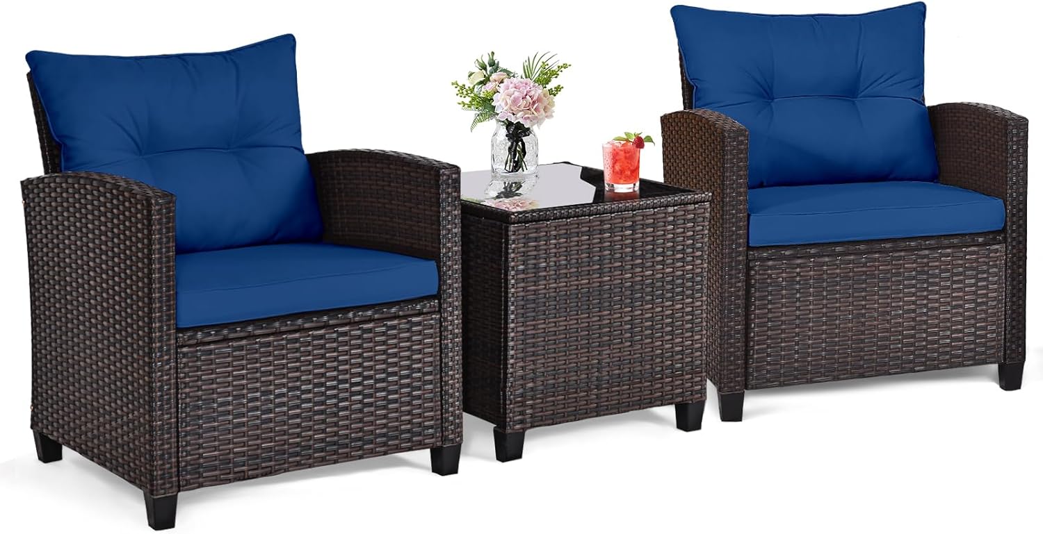 Outdoor Furniture Table - Navy blue rattan wicker 3-piece outdoor