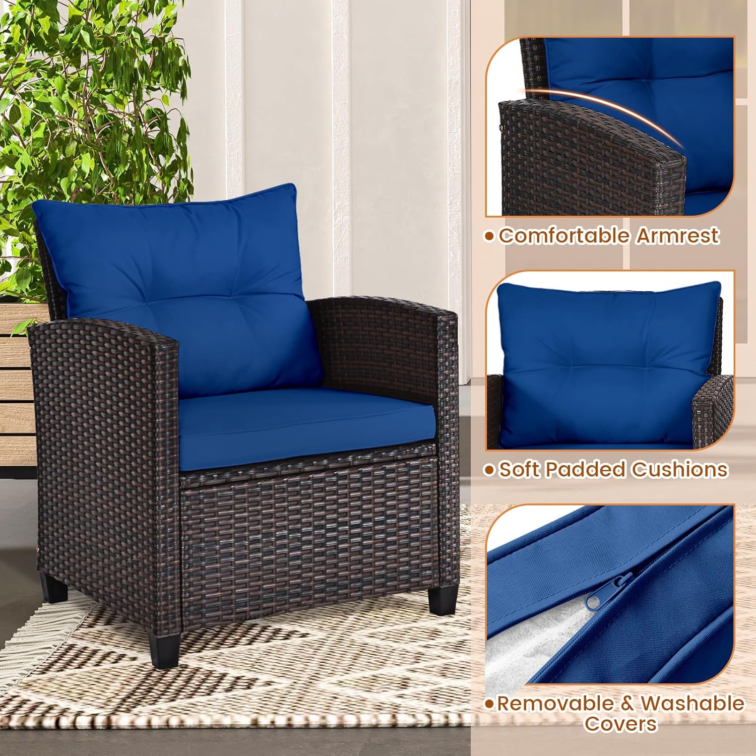 Navy blue rattan wicker 3-piec - Outdoor Furniture Table 评论和价格